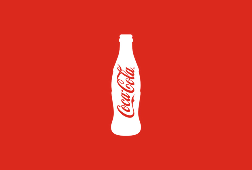Ilustração minimalista da garrafa da Coca-Cola em fundo vermelho.